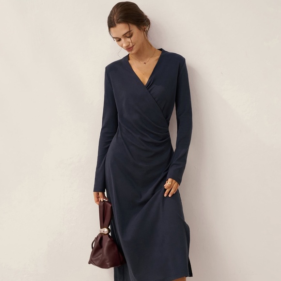 Linen Crossover V-Neck Wrap Stretch Midi Dress MARNIE - Picture 3 of 12